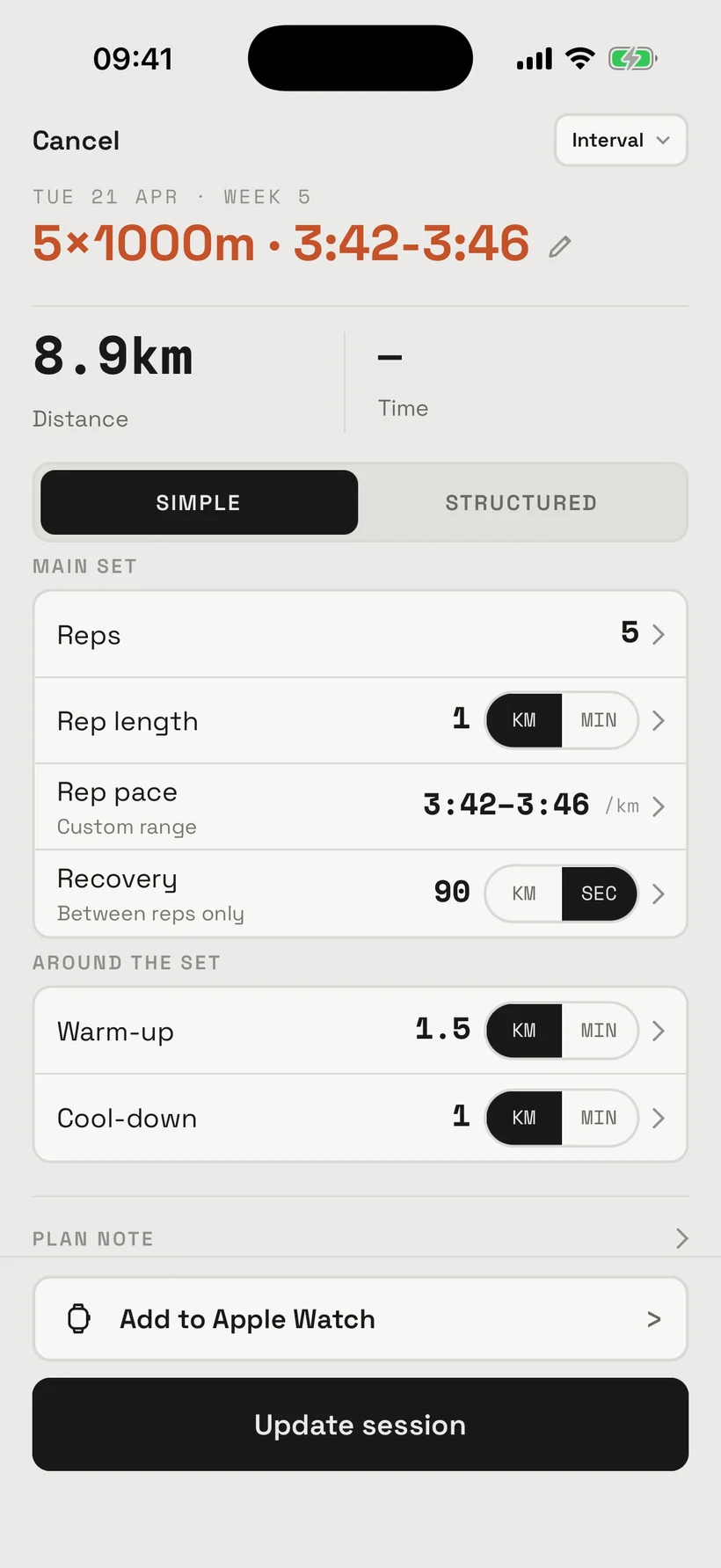 The session editor with reps, rep length, rep pace and recovery.
