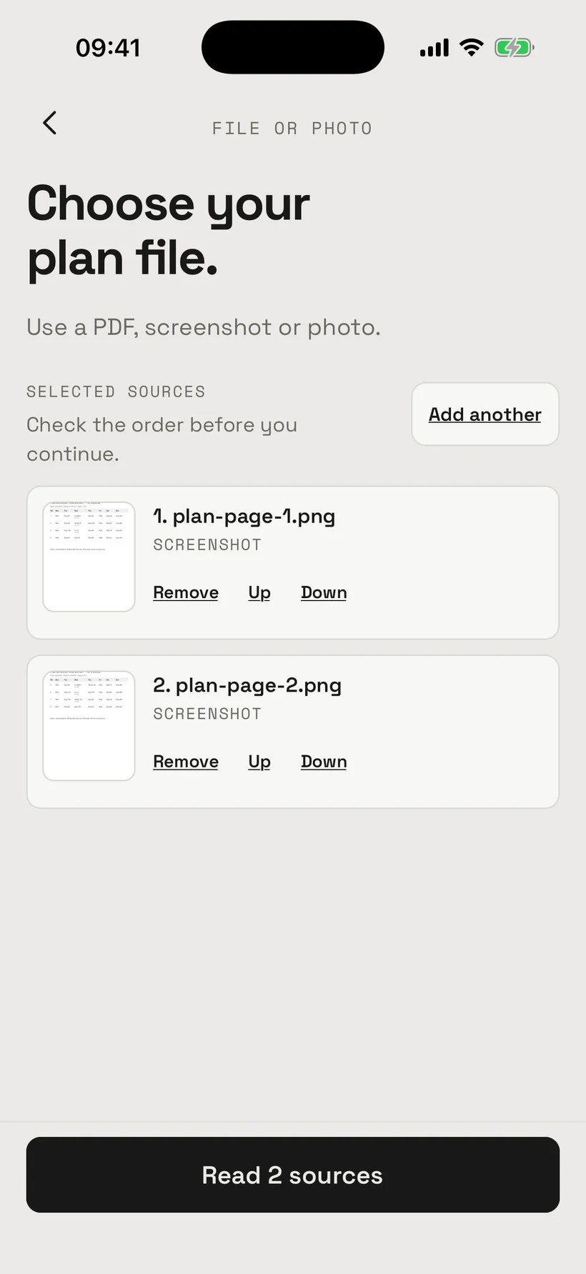 Choose your plan file screen with two plan screenshots selected, ready to read.