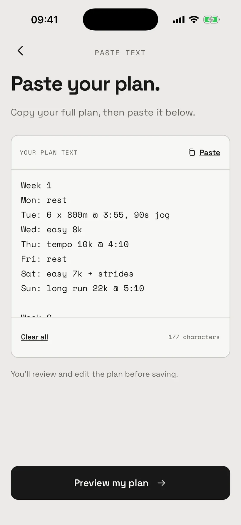 Paste your plan screen with a week of sessions pasted in as plain text.