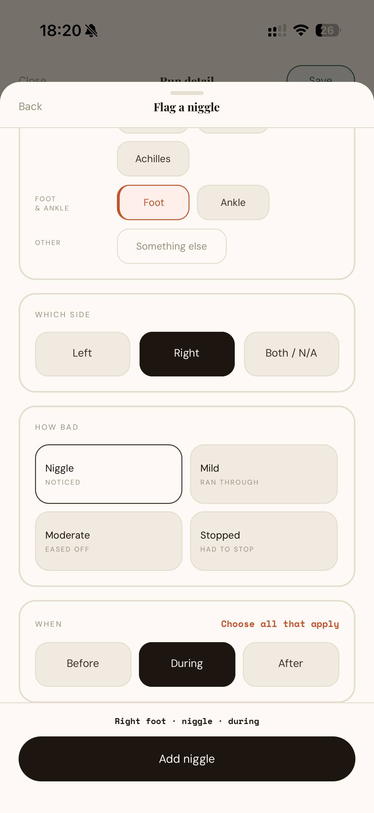 Steady app niggle picker choosing side, severity, and timing