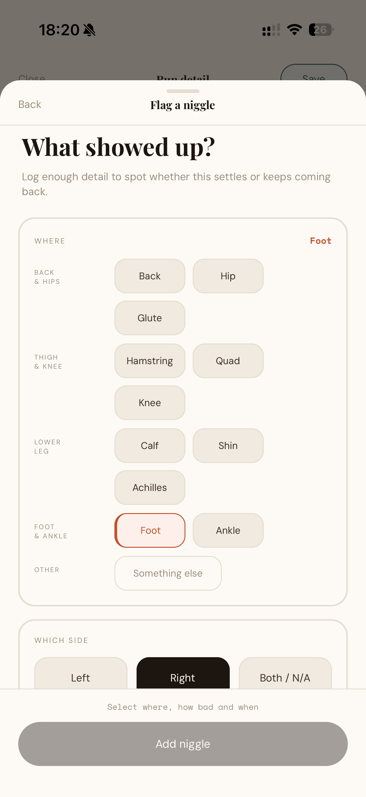 Steady app niggle picker selecting foot as the affected area